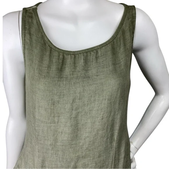 INIZIO 100% Linen Green Tiered Midi Tank Dress Sleeveless Stretch Women’s Medium - Picture 7 of 16
